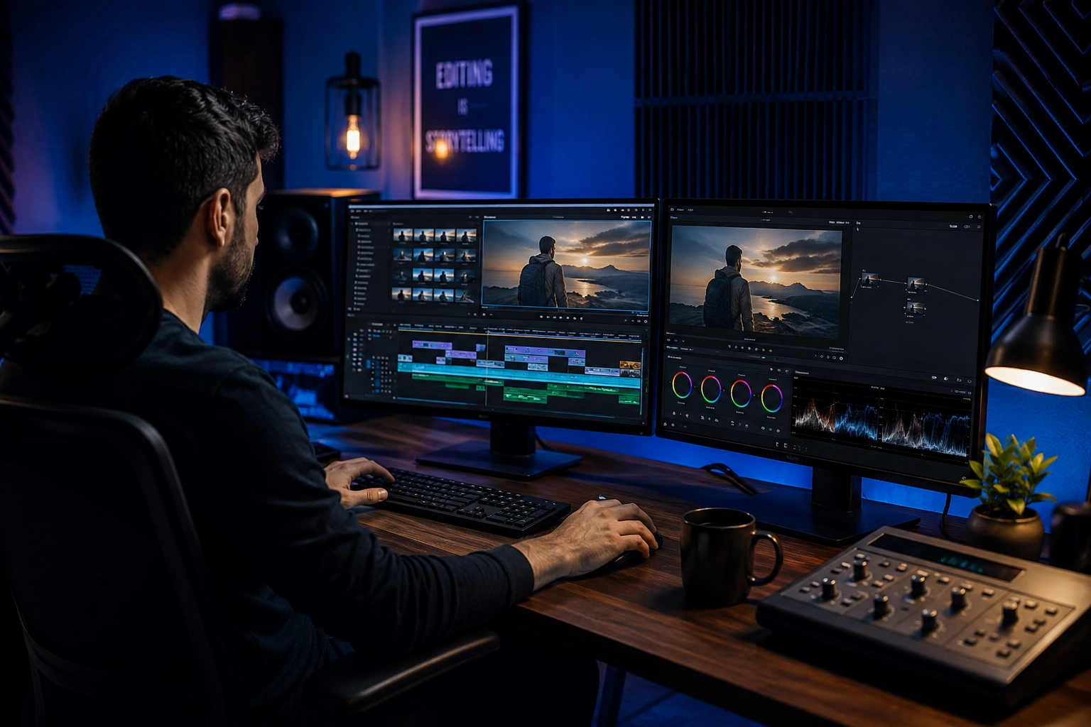Professional video editor working on a dual monitor editing and color grading workspace